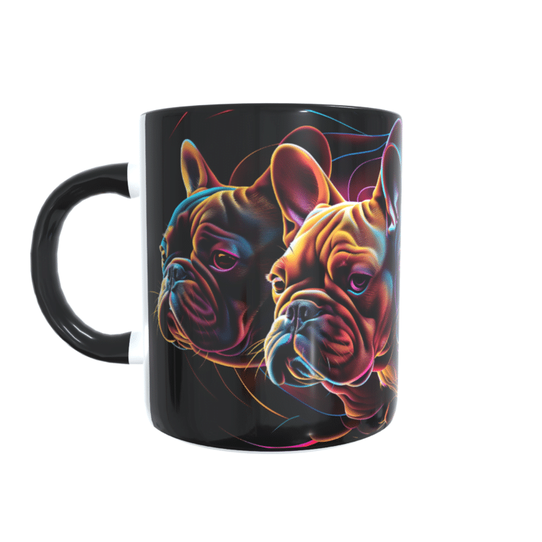 Caneca preta com ilustração neon de bulldogs – Bulldog Bazar