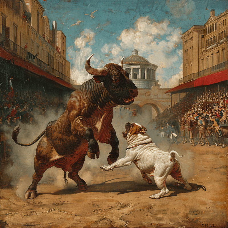 um bulldog lutando com um touro
