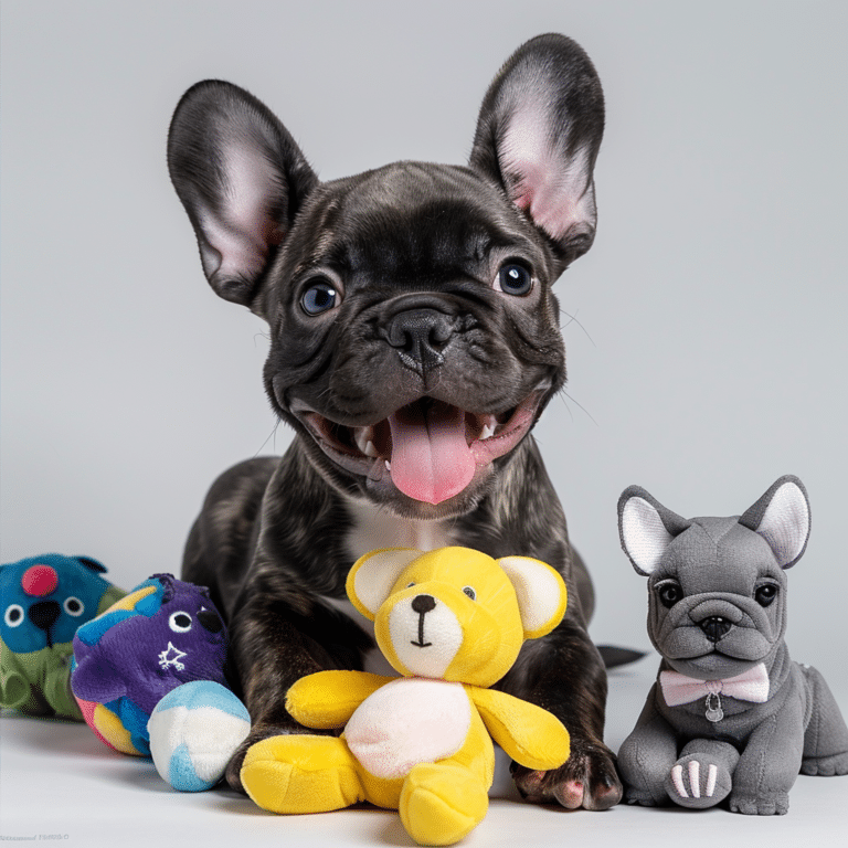 Filhote de bulldog francês brincando com brinquedos