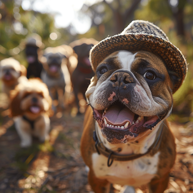 bulldog inglês usando chapéu no parque