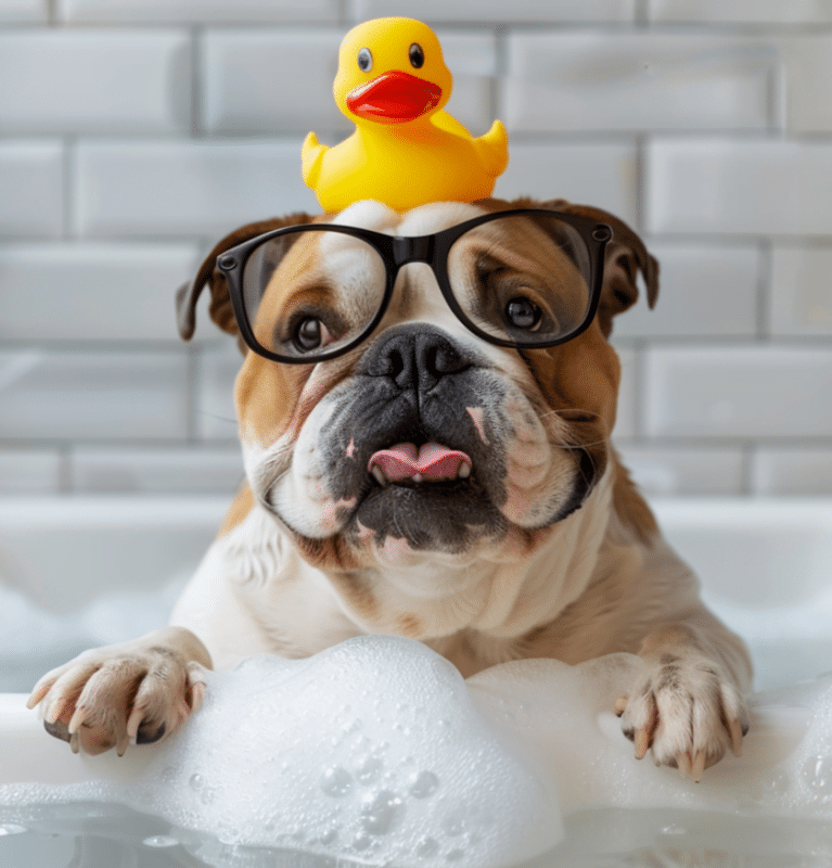 bulldog ingles tomando banho com patinho