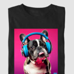 Camiseta Feminina Bulldog Frances "Headphones" Preta (GG)