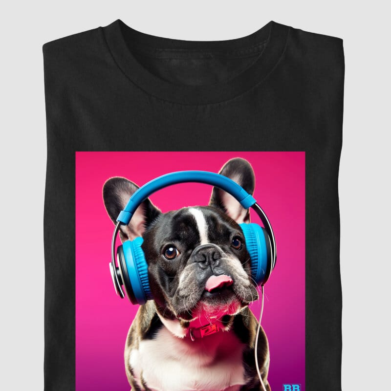 Camiseta Feminina Bulldog Frances "Headphones" Preta (GG)