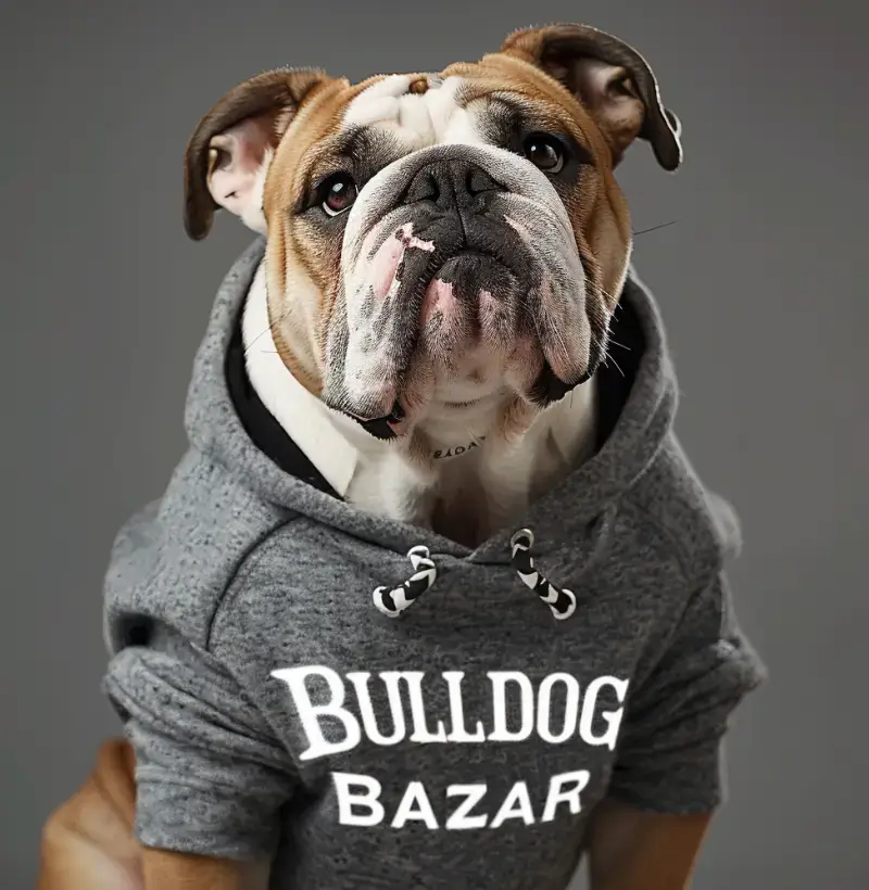 Bulldog Inglês usando moletom da Bulldog Bazar